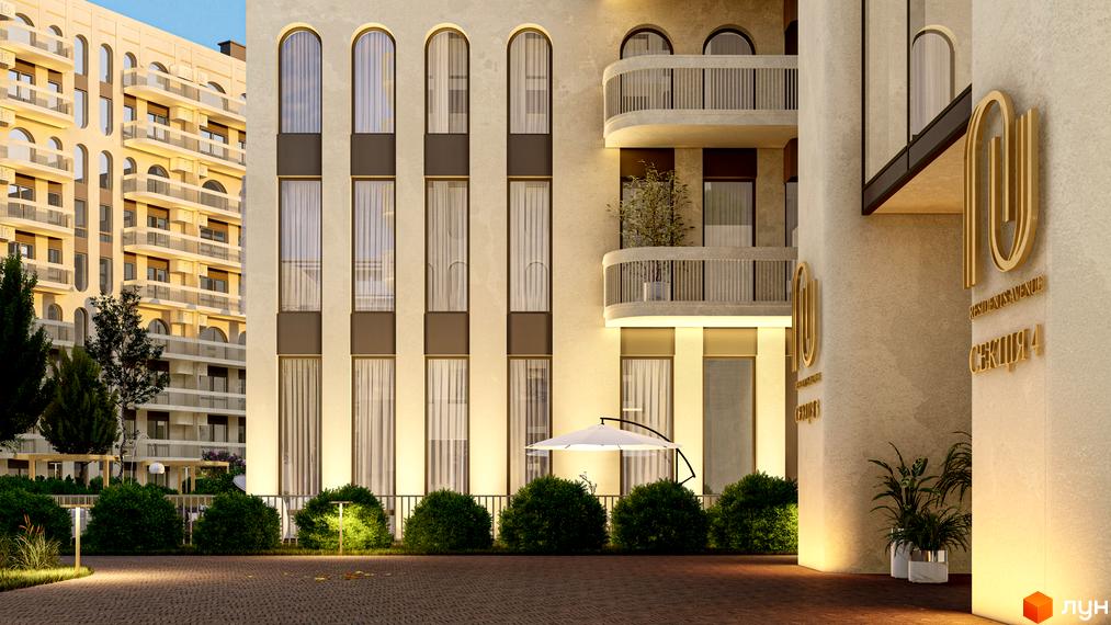 Житловий комплекс RESIDENTS AVENUE з арочними вікнами та балконами, освітлена прибудинкова територія з кущами та ліхтарями.