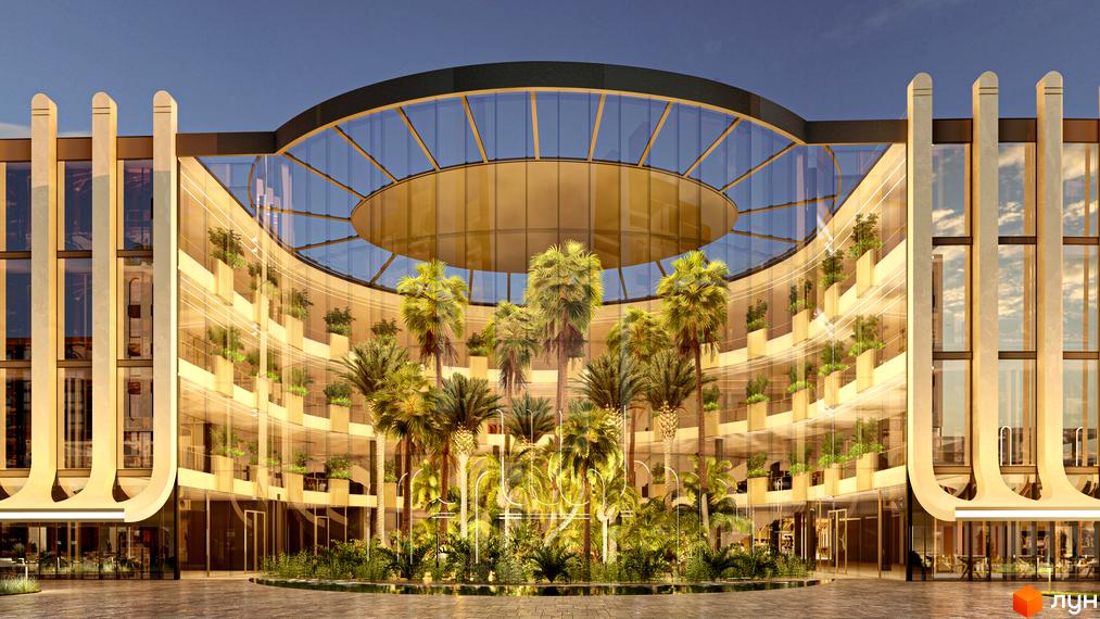 Житловий комплекс RESIDENTS AVENUE з фасадом з панорамного скла та пальмами у внутрішньому дворі. Зовнішній вигляд новобудови з вигнутими лініями та вертикальними елементами.