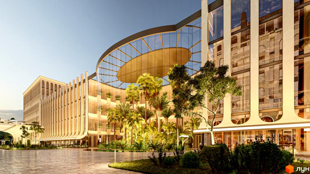 Житловий комплекс RESIDENTS AVENUE з вигнутим скляним фасадом та вертикальними колонами, оточений пальмами та зеленню. Паркова зона перед новобудовою.