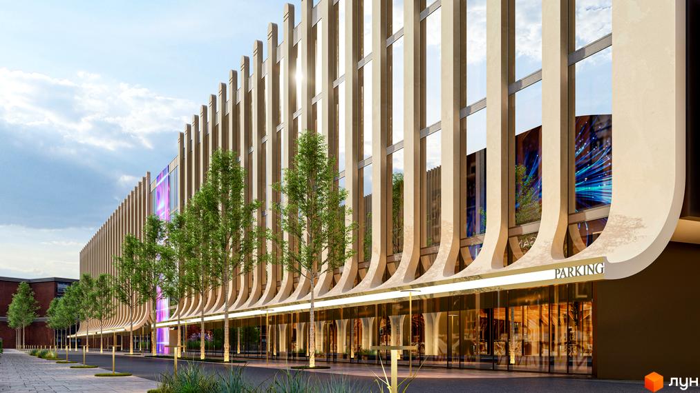 Зовнішній вигляд новобудови RESIDENTS AVENUE з вертикальним оздобленням фасаду та скляними вікнами. Прибудинкова територія з деревами та освітленням.