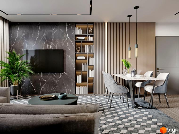 Інтер'єр квартири в апарт-готелі NEBO: вітальня з телевізором, обідньою зоною та книжковою шафою. Затишний дизайн житлового простору.