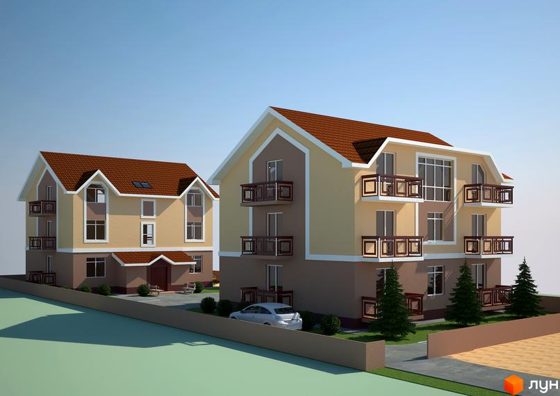 Зображення двоповерхових будинків у Житловому районі Нове шосе, 32а. На фото будівлі з балконами та коричневими дахами, прибудинкова територія з газоном та кущами.