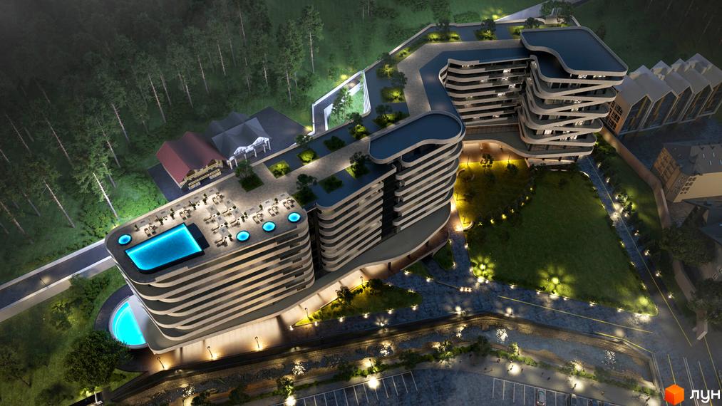 Зображення апарт-готелю NEBO з басейнами на даху та лаунж-зоною. Навколо комплексу зелені насадження та паркінг.