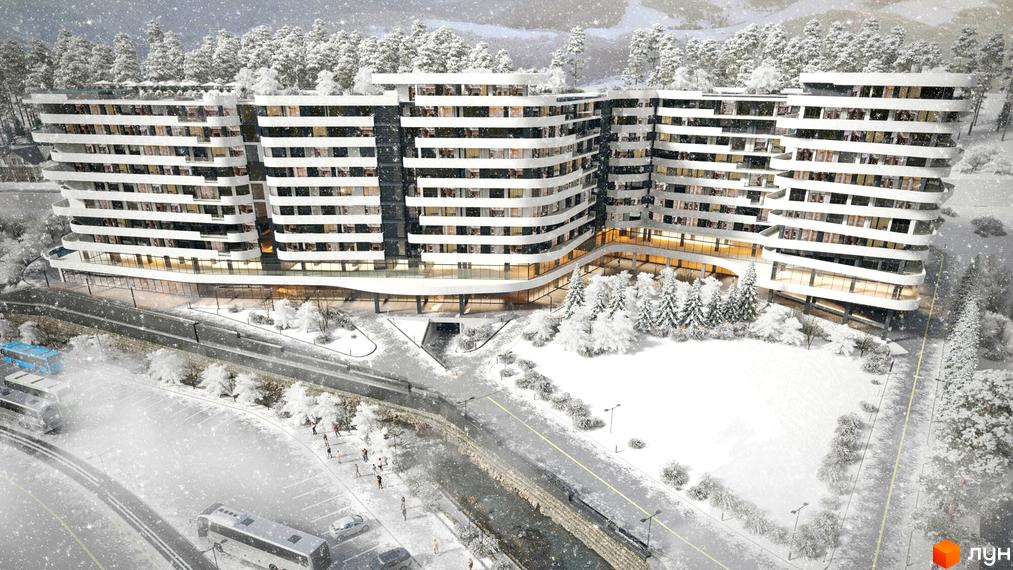 Зображення Апарт-готелю NEBO взимку. На фото багатоповерховий будинок з прибудинковою територією, вкритою снігом.