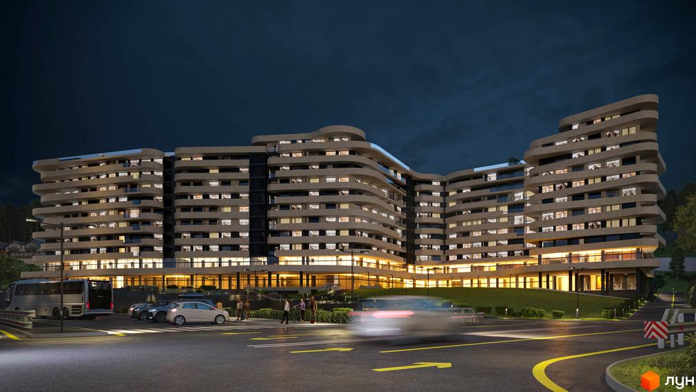 Зображення апарт-готелю NEBO вночі. Багатоповерхова будівля з освітленими вікнами та парковкою перед нею.