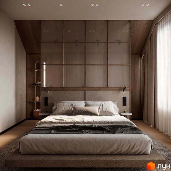 Інтер'єр спальні в Апарт-готелі NEBO з великим ліжком, приліжковими тумбочками та великим вікном. Гармонійний дизайн та спокійні кольори.