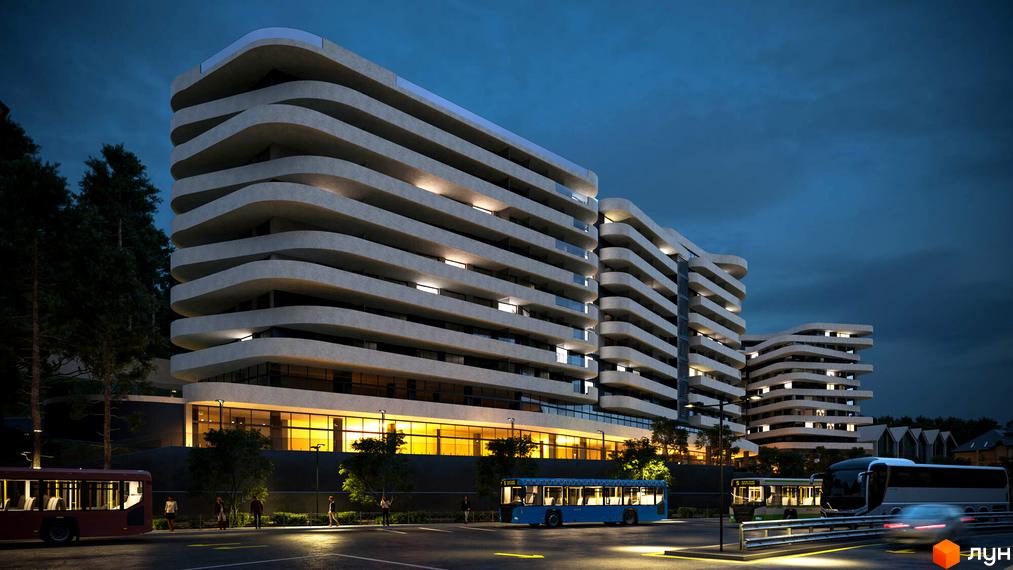 Зображення апарт-готелю NEBO вночі. Багатоповерховий будинок з хвилястими балконами та прибудинковою територією.