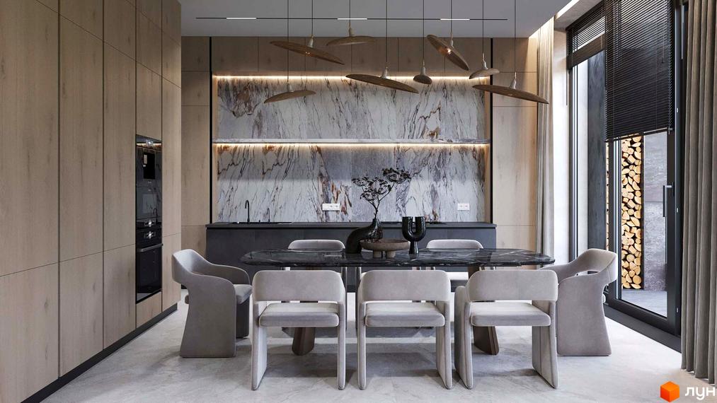 Інтер'єр апарт-готелю NEBO з обіднім столом та стільцями. Вигляд кухні з мармуровою стіною та дерев'яними шафами.