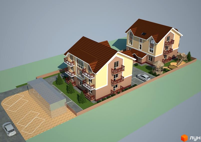 Зображення двоповерхового будинку в Житловому комплексі на Нове шосе, 32а. Вигляд фасаду з балконами та прибудинковою територією з парковкою та дитячим майданчиком.