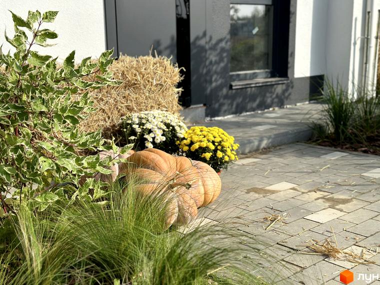 Котеджне містечко KM Gardd House Eco Village з осіннім декором: гарбузи, солома та квіти на фоні будинку з білою стіною та темним вікном.