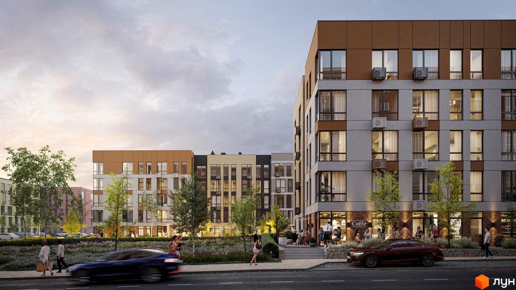 Житловий комплекс SOFI HOUSE з фасадами в коричневих та сірих тонах, вікнами та балконами, з прибудинковою територією та людьми, що гуляють.