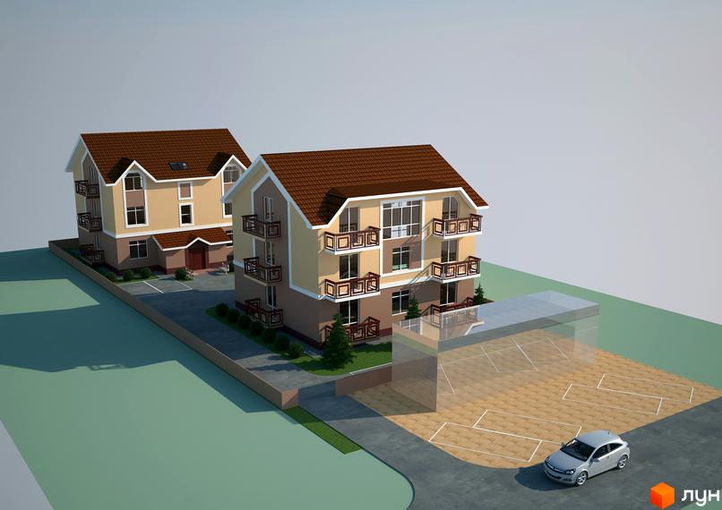 Зображення триповерхового будинку з балконами та коричневим дахом. На території є парковка, зелені насадження та тротуарна плитка.