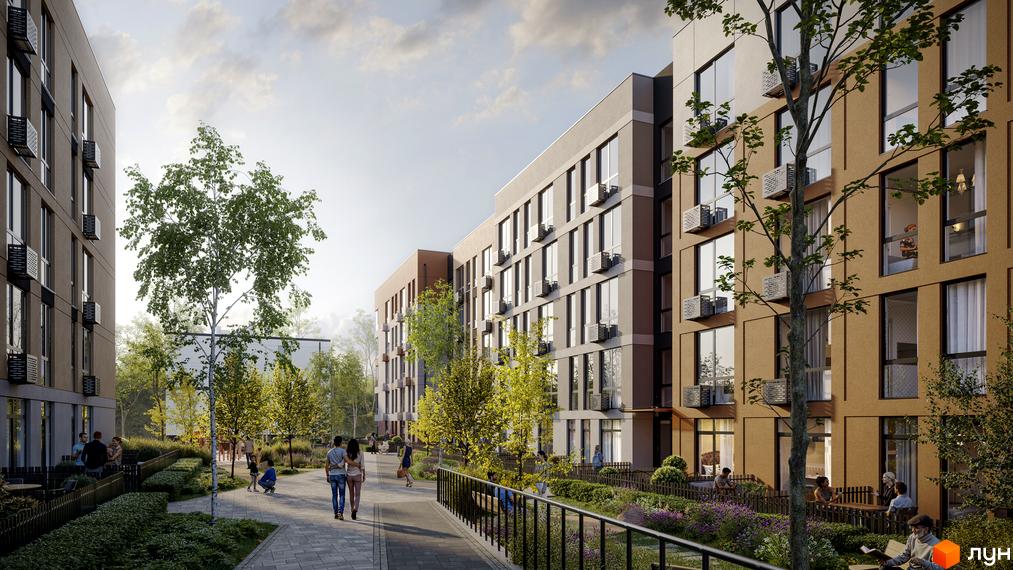 Житловий комплекс SOFI HOUSE з багатоповерховими будинками та доглянутою прибудинковою територією з деревами та місцями для відпочинку.