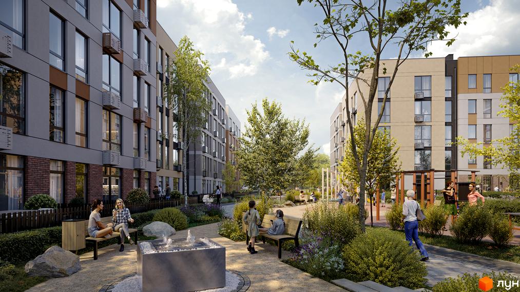 Житловий комплекс SOFI HOUSE з сучасним фасадом та затишною прибудинковою територією з зонами відпочинку та дитячими майданчиками.