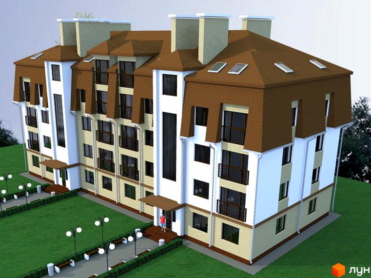 Зображення чотириповерхового будинку по вулиці Кірова, 1б. Навколо новобудови зелений газон, лавки та ліхтарі.