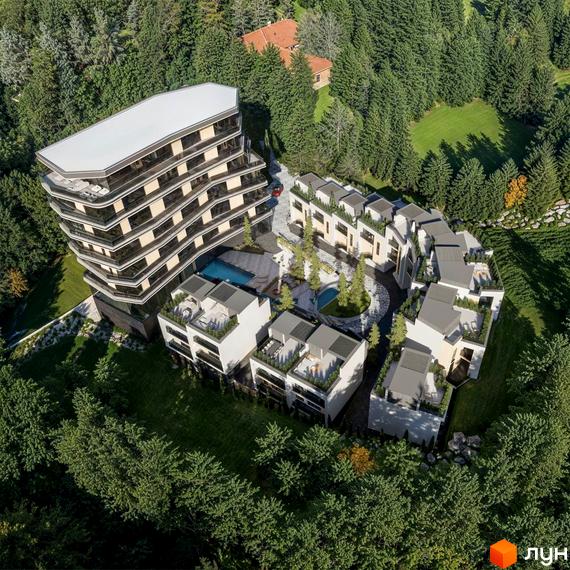 ZAGRAVA Villas & Residence: Аерофото житлового комплексу з багатоповерховою будівлею нестандартної форми та котеджами, оточеними лісом і басейнами.