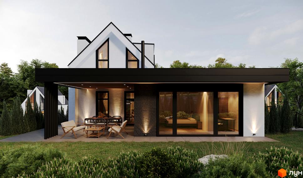 Білий будинок Котеджного містечка QP з чорним дахом та великими вікнами, облаштованою терасою на зеленому газоні.