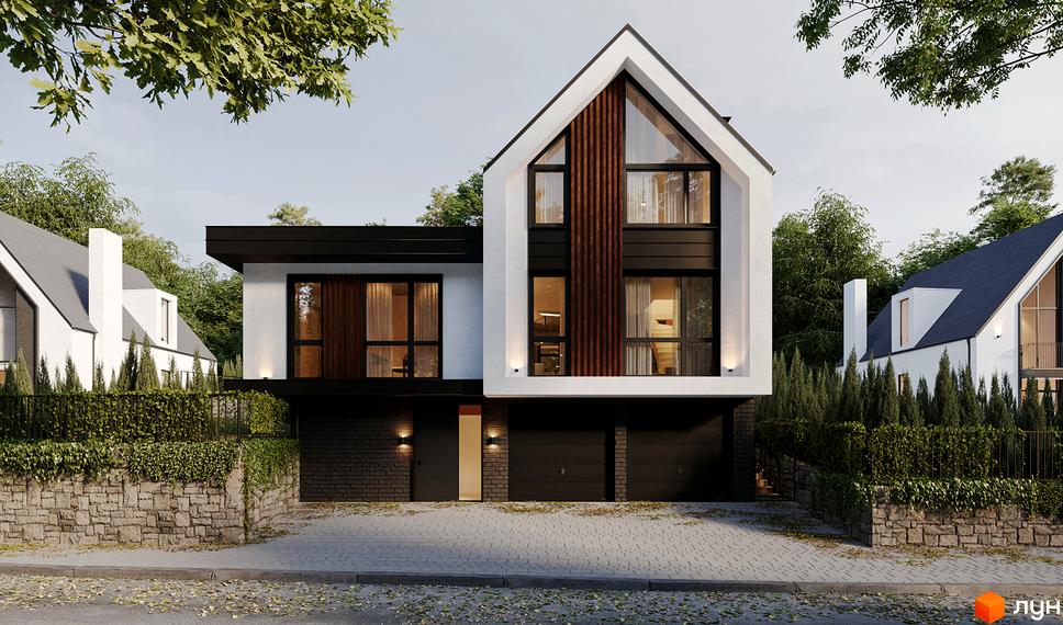 Котеджне містечко QP: будинок з білим фасадом, чорними акцентами, великими вікнами та гаражем. Прибудинкова територія має бруківку, кам'яну огорожу та хвойні дерева.