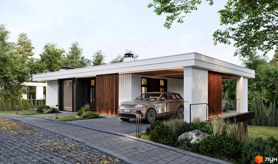 Сучасний одноповерховий будинок з навісом для двох автомобілів та великою прибудинковою територією з ландшафтним дизайном.