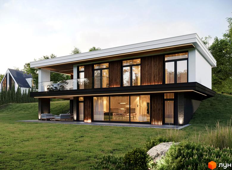 Двоповерховий будинок Котеджного містечка QP з великими вікнами, дерев'яними панелями та балконом з автомобілем. Навколо будинку зелений газон.