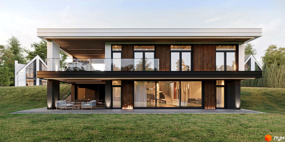 Котеджне містечко QP - двоповерховий будинок з дерев'яним фасадом та скляними елементами, розташований на схилі, оточений зеленню. Перед будинком облаштований двір з місцями для відпочинку.