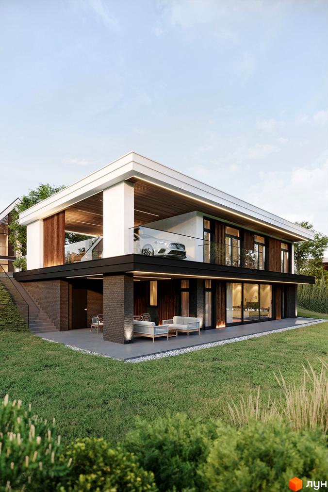 Багаторівневий будинок Котеджного містечка QP з великими вікнами та дерев'яними панелями. Прибудинкова територія має зелений газон та відкриту терасу.