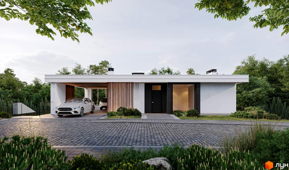 Котеджне містечко QP: Одноповерховий будинок з білим фасадом та чорними акцентами, з навісом для авто. Навколо будинку доглянута прибудинкова територія з зеленими насадженнями.