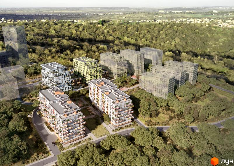 Житловий комплекс Шелест - сучасна архітектура з зеленою зоною навколо. Будинки мають багато балконів та тераси.