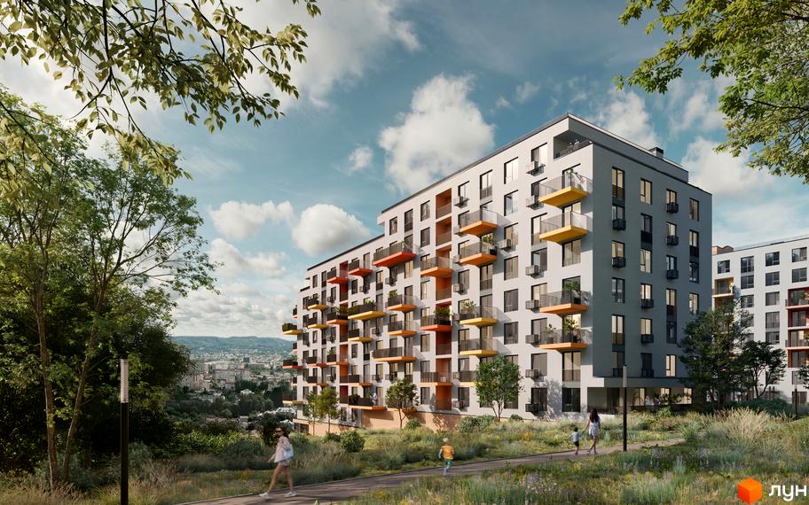 Житловий комплекс Шелест – багатоповерхові будинки з яскравими балконами на тлі міського пейзажу та зеленої зони.