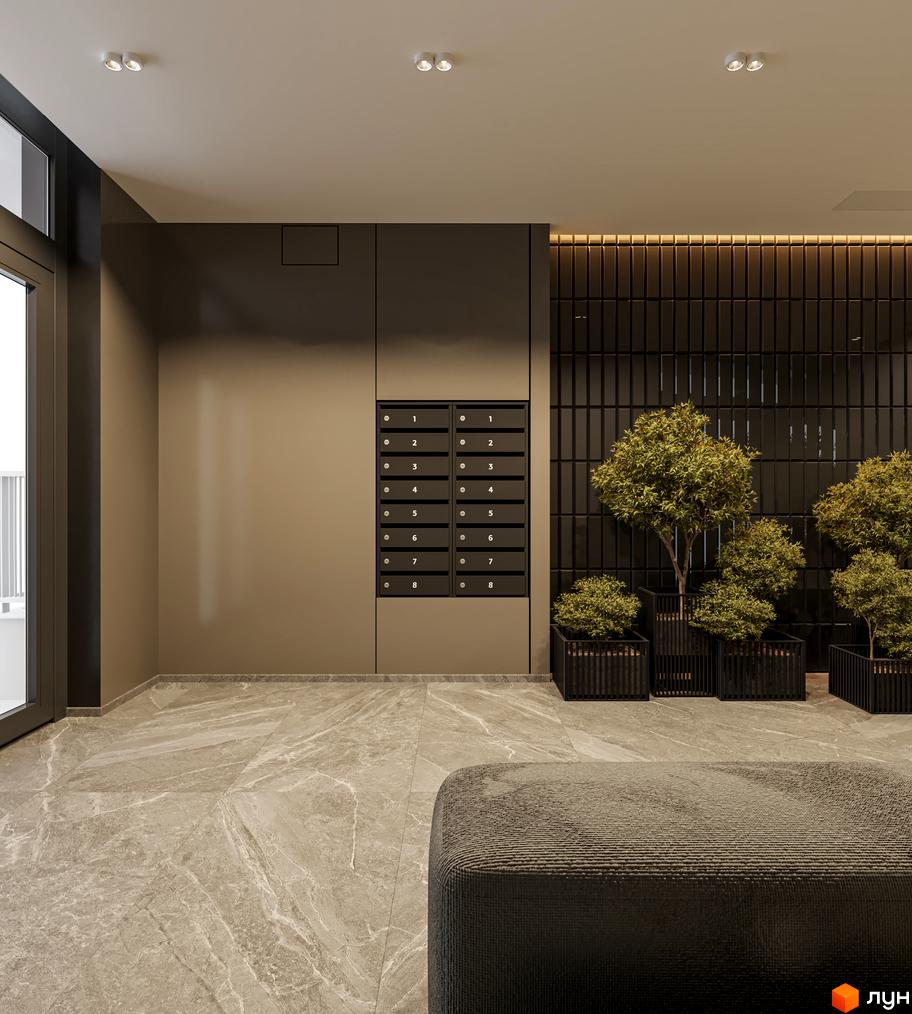 Інтер'єр холу з поштовими скриньками та декоративними рослинами у горщиках. Підлога викладена світлою плиткою з мармуровим малюнком.