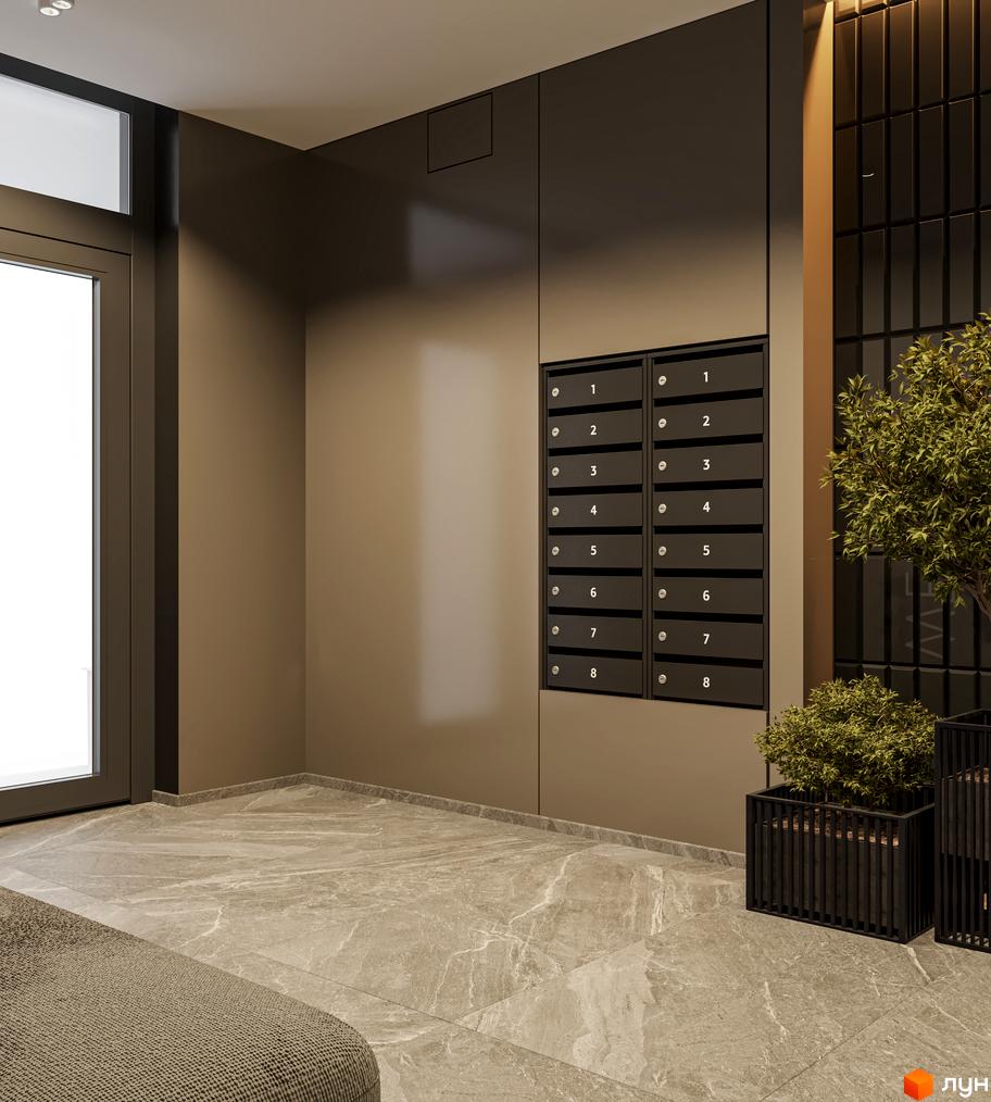 Сучасний дизайн вхідної групи з поштовими скриньками та рослинами у горщиках. Ідеальне місце для вашого нового дому на вулиці Лікарська, 12.