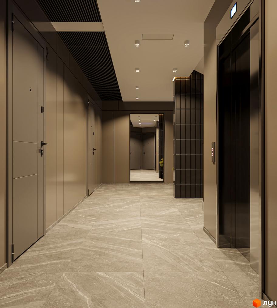 Сучасний коридор з дверима та ліфтом у житловому комплексі на вул. Лікарська, 12. Великі мармурові плити на підлозі додають елегантності.