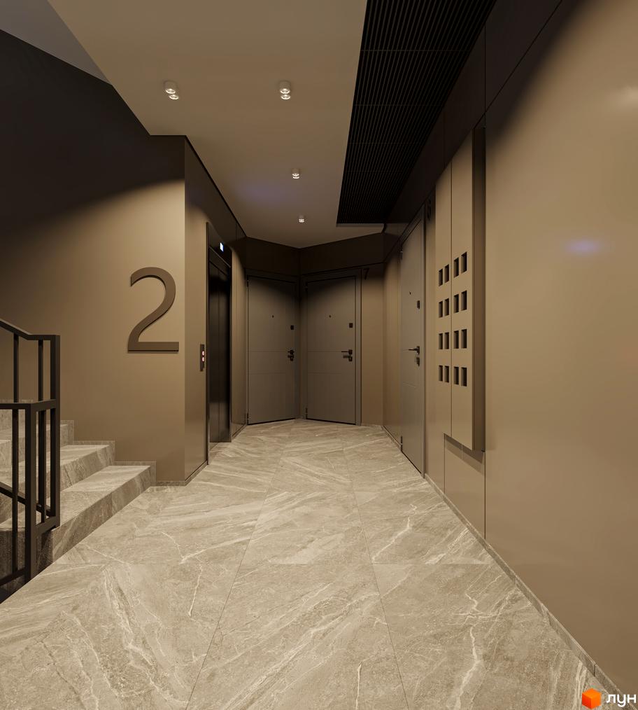 Сучасний дизайн холу житлового комплексу на вулиці Лікарська, 12. Стильні двері та ліфт створюють елегантний простір.