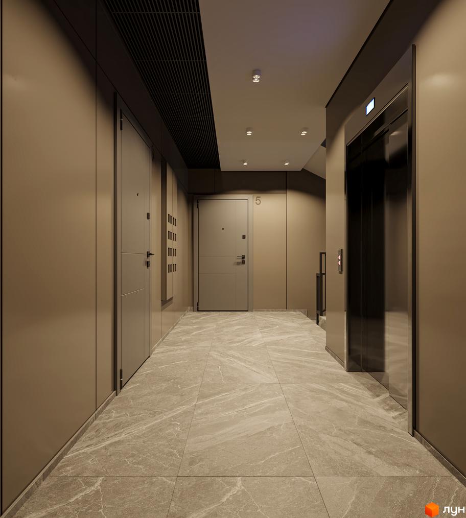 Інтер'єр поверху житлового будинку на вул. Лікарська, 12. Вигляд коридору з ліфтом та вхідними дверима до квартир.