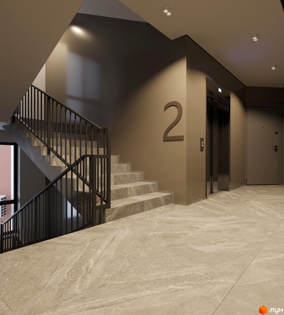 Інтер'єр під'їзду Житлового комплексу по вулиці Лікарська, 12. Сходи, ліфт та вхідні двері в квартири.