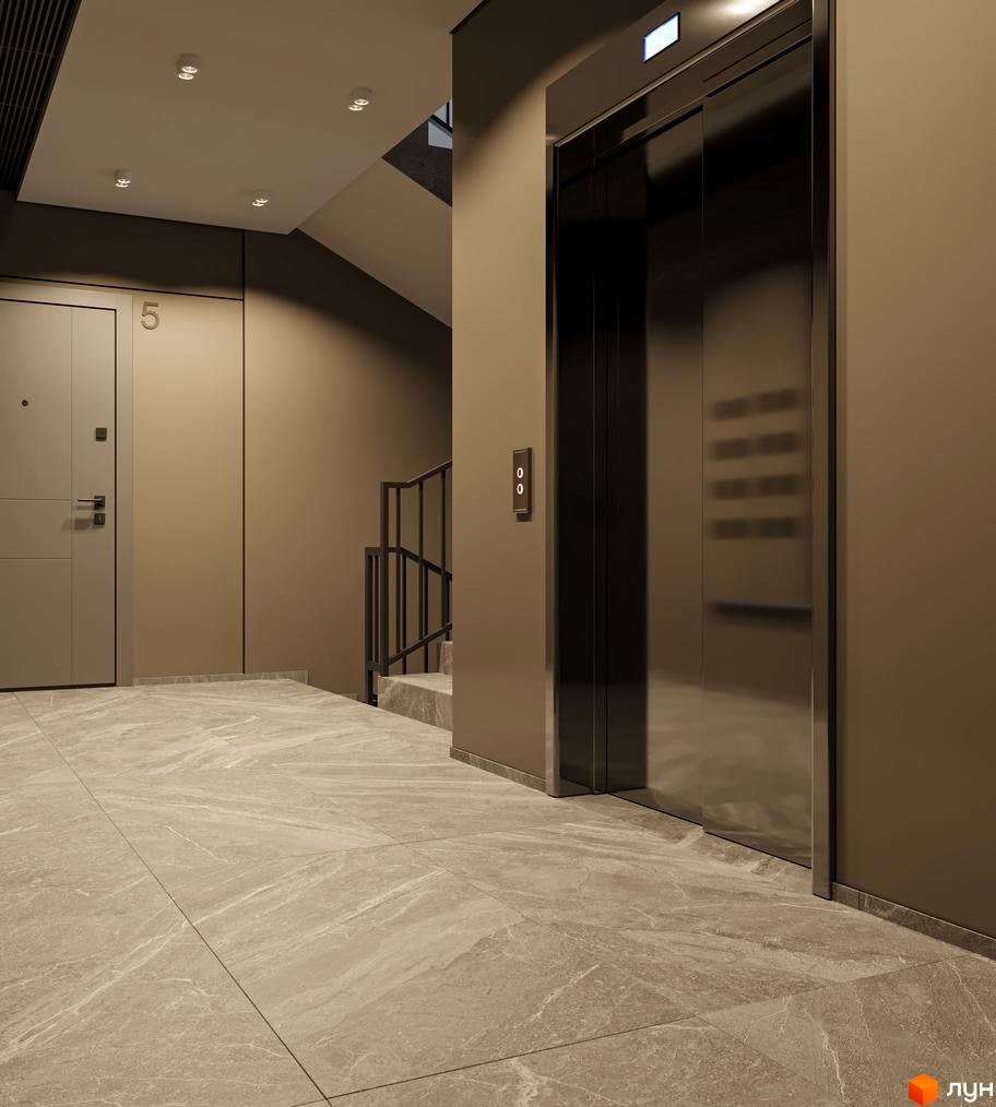 Сучасний вхід до під'їзду з дверима та ліфтом у новобудові на вул. Лікарська, 12. Просторий коридор з мармуровою підлогою та сходами.