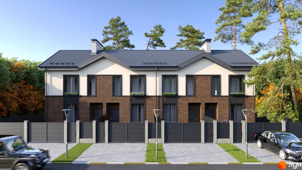 Зовнішній вигляд будинку на вул. Павленка, 35. Триповерховий будинок з коричневої цегли та сірим дахом, перед будинком парковка та зелена зона.