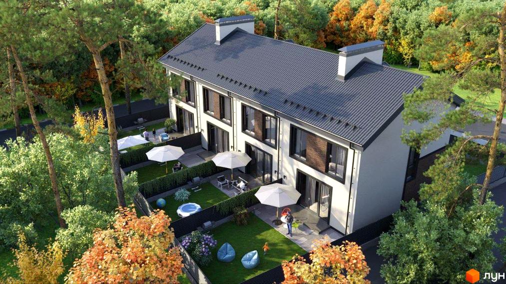 Ряд білих таунхаусів з темними дахами та віконними рамами на вул. Павленка, 35. Прибудинкова територія має зелені газони, вуличні меблі та дерева.