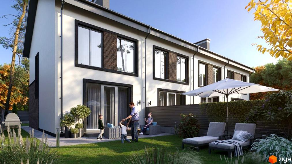 Ряд двоповерхових будинків з білим фасадом, чорними рамами вікон та елементами цегляної кладки. На задньому дворі зелений газон, патіо з меблями та парасолькою.