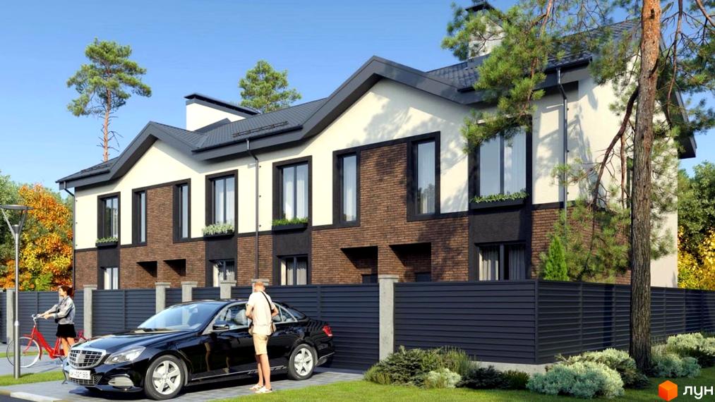 Зображення триповерхового будинку з цегляним фасадом та чорними віконними рамами. Перед будинком припаркований чорний автомобіль.