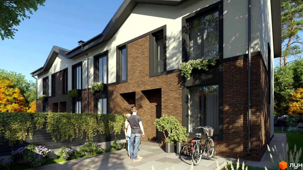 Зображення фасаду та прибудинкової території Житлового комплексу по вулиці Павленка, 35. Вигляд новобудови з вулиці.