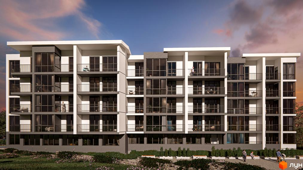 Багатоповерховий будинок Житлового комплексу CONTINENT PRIME з балконами та великими вікнами. На передньому плані видно зелені насадження та людей.