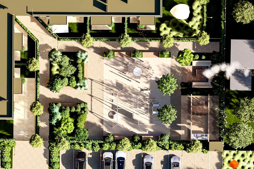 Житловий комплекс Минай: вид зверху на будинки та прибудинкову територію з дитячим майданчиком, зонами відпочинку, зеленими насадженнями та парковкою.