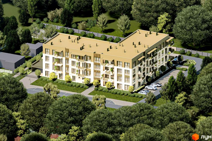 Житловий комплекс Минай з білим фасадом, балконами та коричневим дахом, оточений зеленими газонами, деревами та паркінгом.