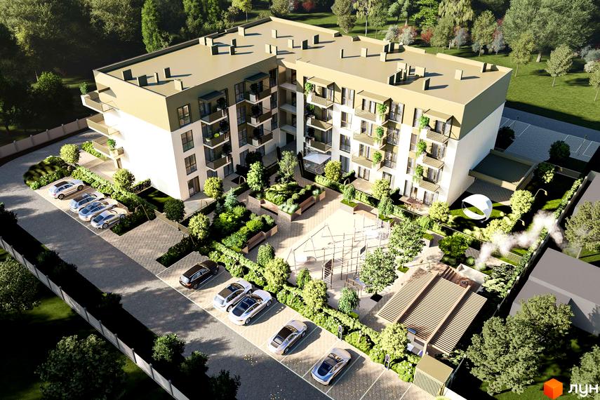 Житловий комплекс Минай: багатоповерховий будинок зі світлими фасадами та балконами. Прибудинкова територія має паркінг, озеленення та ігровий майданчик.