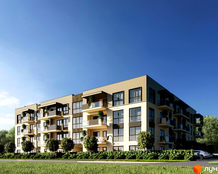 Житловий комплекс Минай: багатоквартирний будинок з світлим фасадом, балконами та великими вікнами. Навколо доглянута зелена територія.