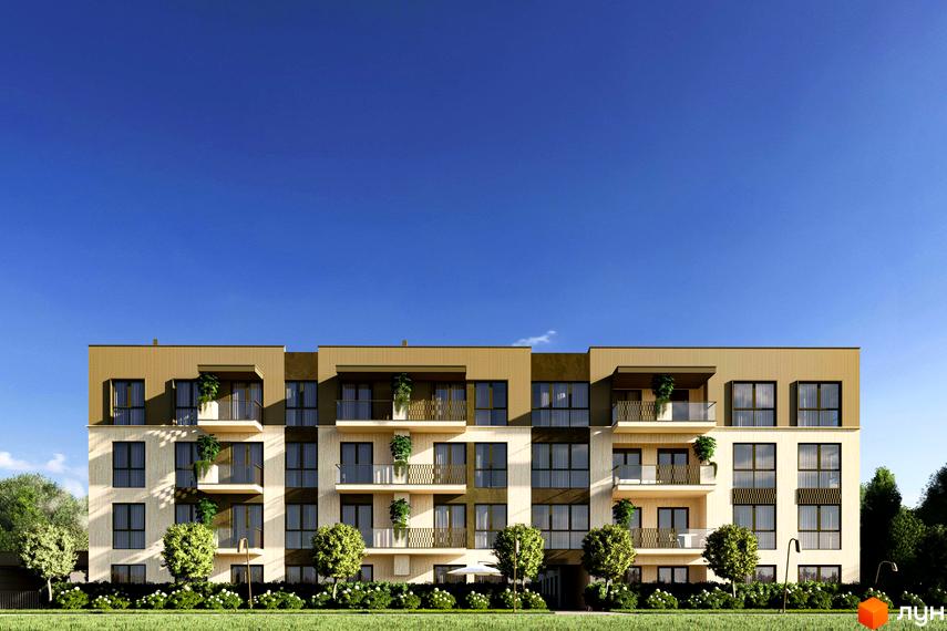 Новобудова Минай: багатоповерховий будинок зі світлим фасадом та коричневими верхніми поверхами, балконами з рослинами. Прибудинкова територія має зелений газон та дерева.