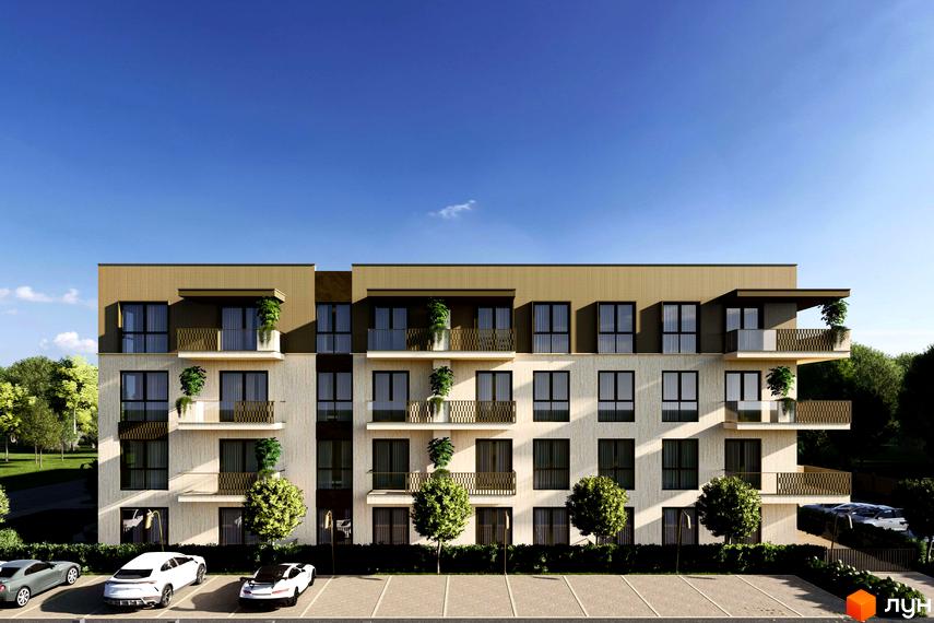 Багатоквартирний будинок Житлового комплексу Минай зі світлим фасадом, темними вікнами та балконами. Перед будинком парковка та доглянута зелена територія.