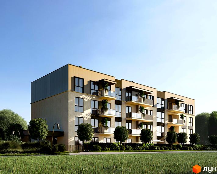 Зображення багатоповерхового ЖК Минай з світлим фасадом, темним верхнім поверхом та балконами з рослинами. Навколо будинку зелені насадження та газон.