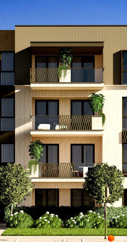 Фасад Житлового комплексу Минай з бежевим облицюванням та балконами зі скляними і візерунчастими огорожами. Прибудинкова територія озеленена деревами та квітучими кущами.